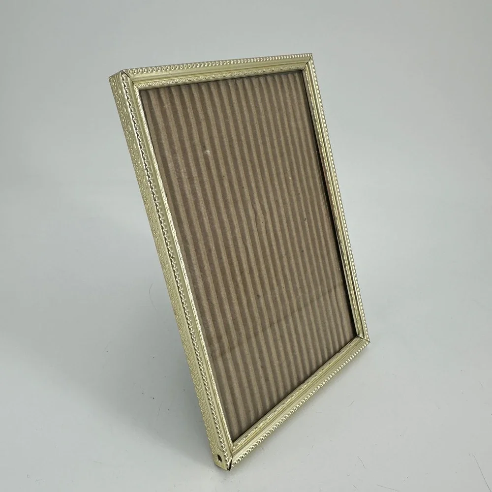 Vintage Gold Tone Metal 5x7 Picture Frame Ornate Beaded Floral Embossed Border